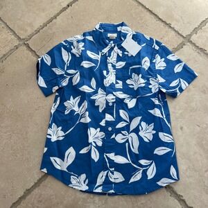 NWT Crewcuts Boys 8 Blue White Floral Leaf Short Sleeve Button Down Shirt Size 8